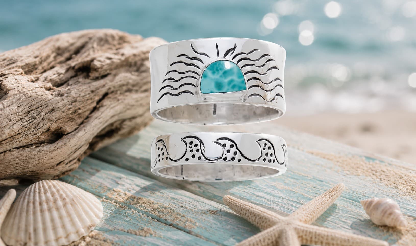 Sun and Waves Set of 2 Stackable Larimar Rings: #7