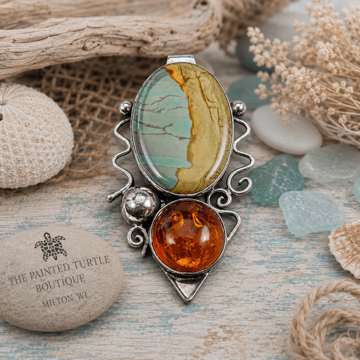 Oval Picture Jasper and Amber Pendant