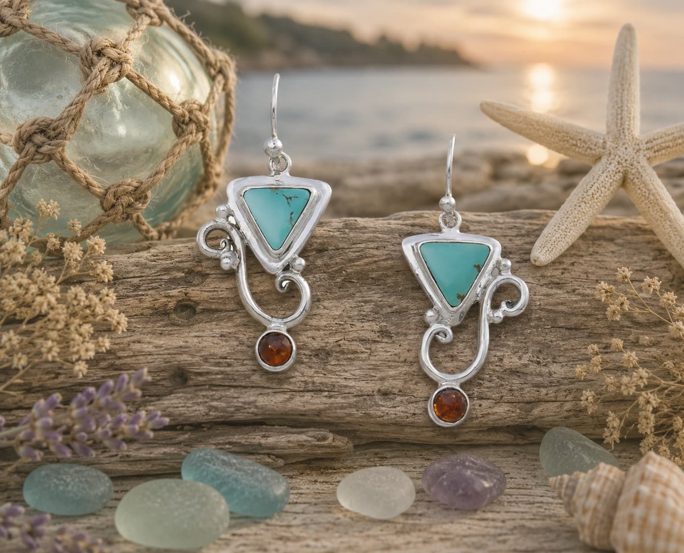 Turquoise Earrings with Amber Cabs