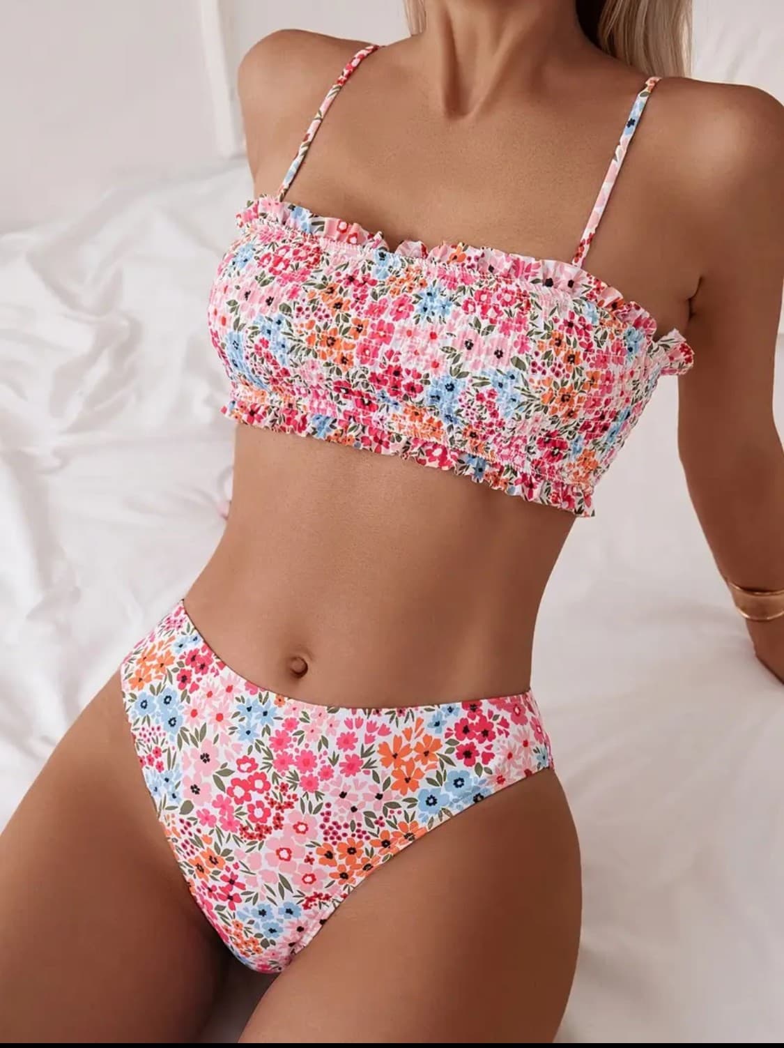Boho Smocked Ruffle Bandeau Bikini Set - XL