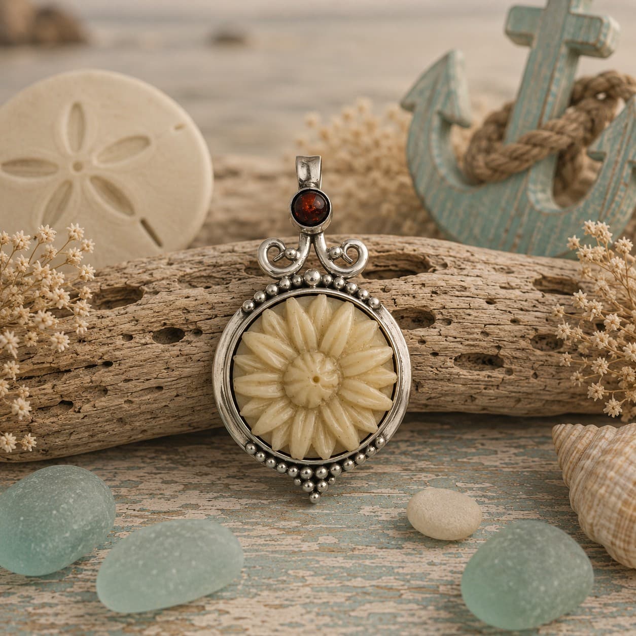 Tagua Nut Sunflower with Amber Cab Pendant