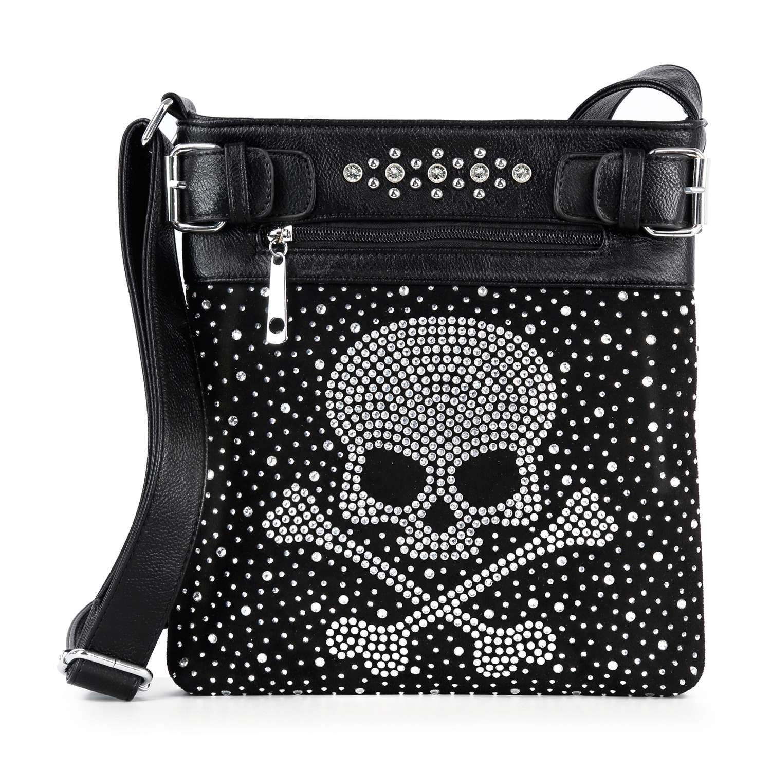 Rhinestone Skull and Crossbones Crossbody Sling: Black