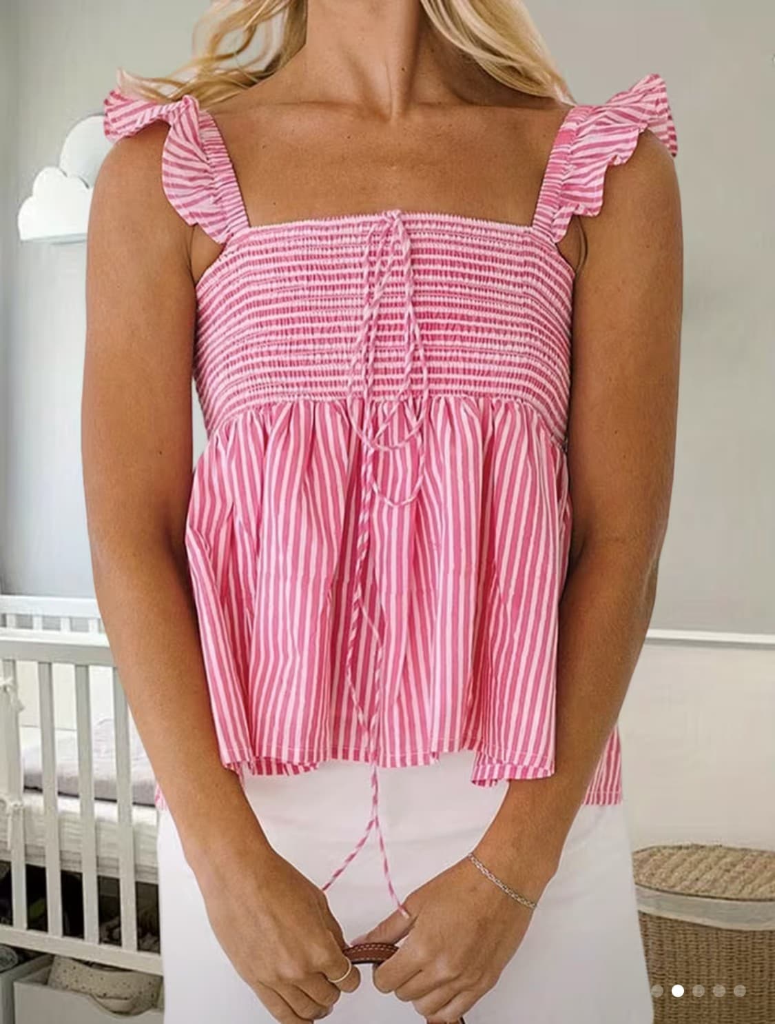 Red & White Striped Smocked Tank Top - L