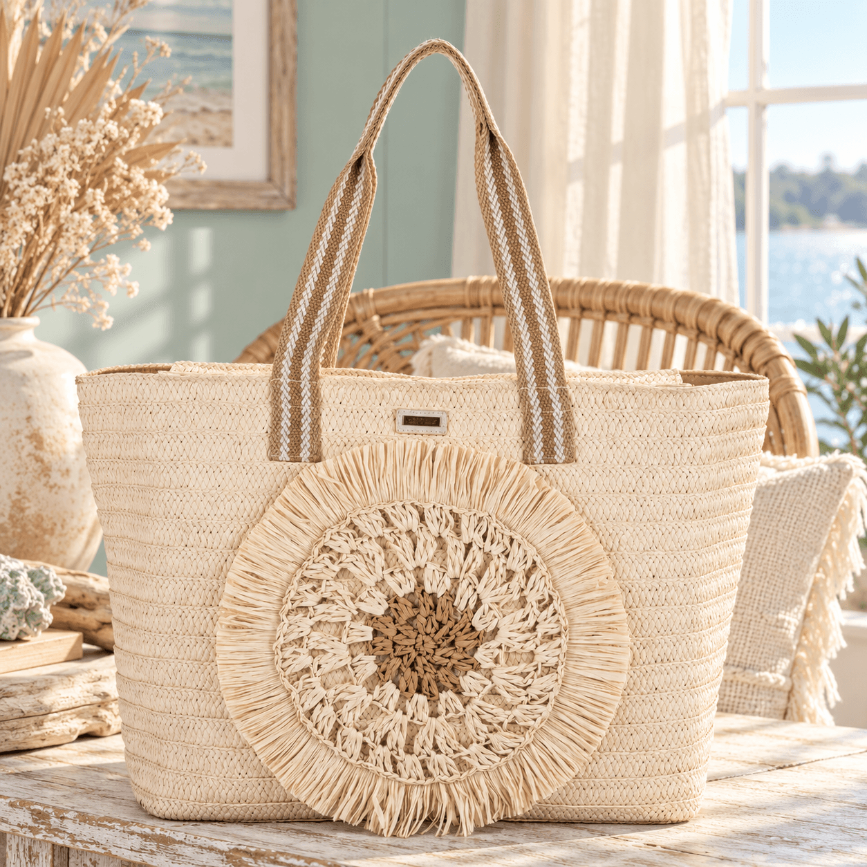 Coastal Sunburst Raffia Shoulder Tote – Natural