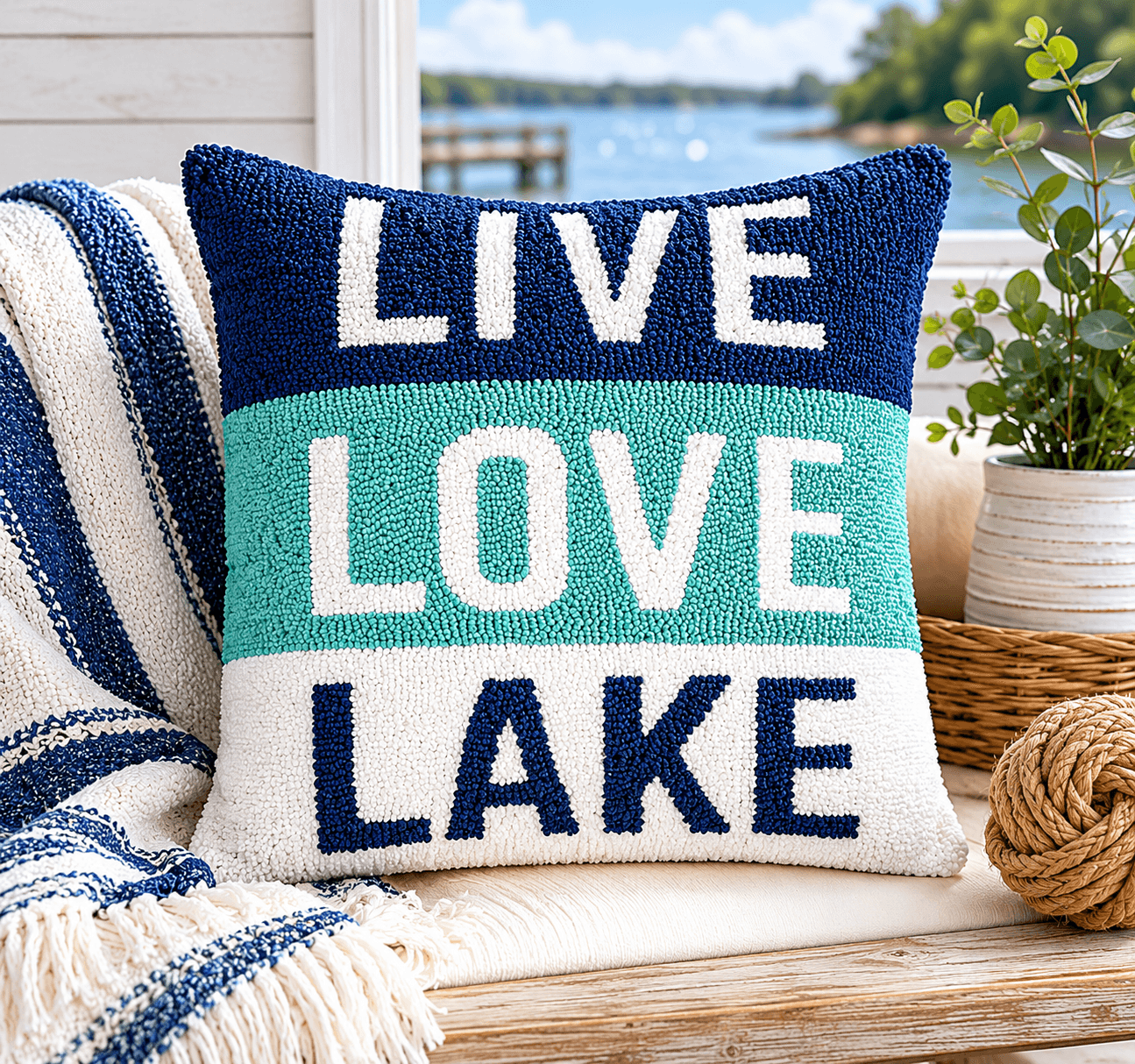 18" x 18" Live Love Lake Hooked Throw Pillow