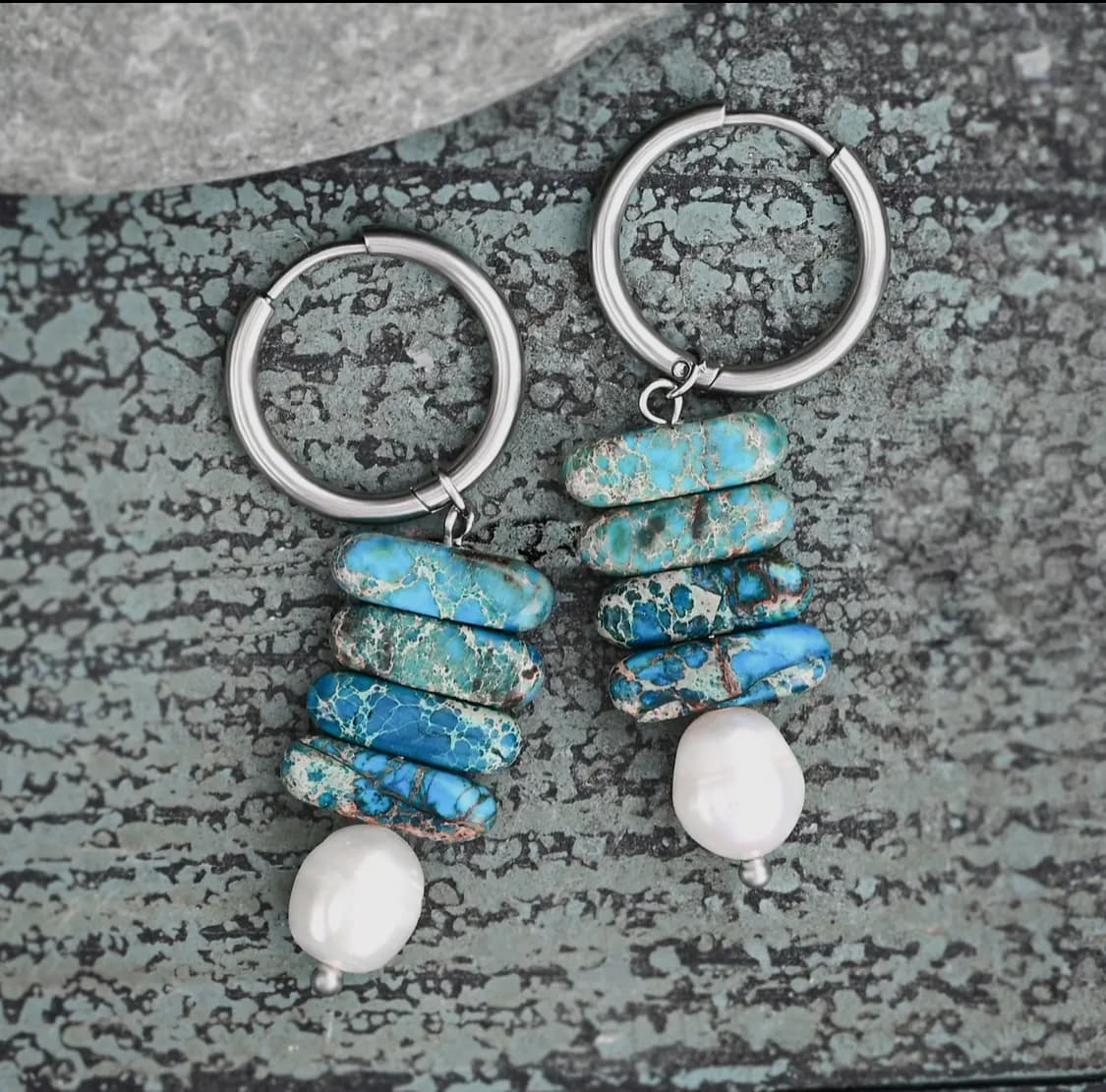 Blue Ocean Jasper with Pearl Drop Earrings