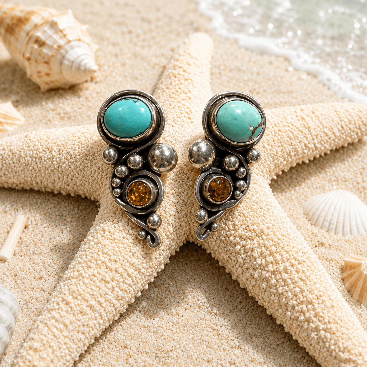 Bali Turquoise and Amber Stud Earrings