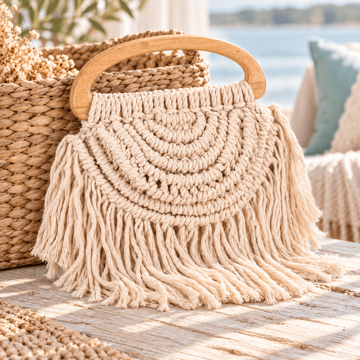 Seaside Cotton Fringe Clutch – Beige