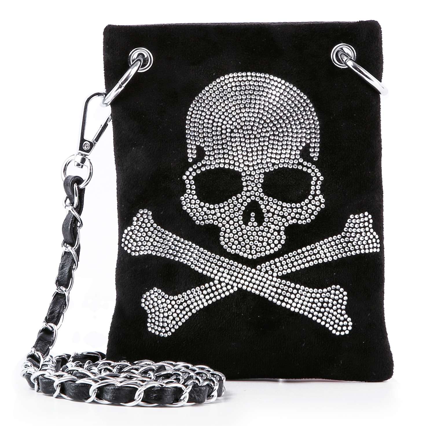 Skull And Crossbones Rhinestone Petite Crossbody Sling: Black