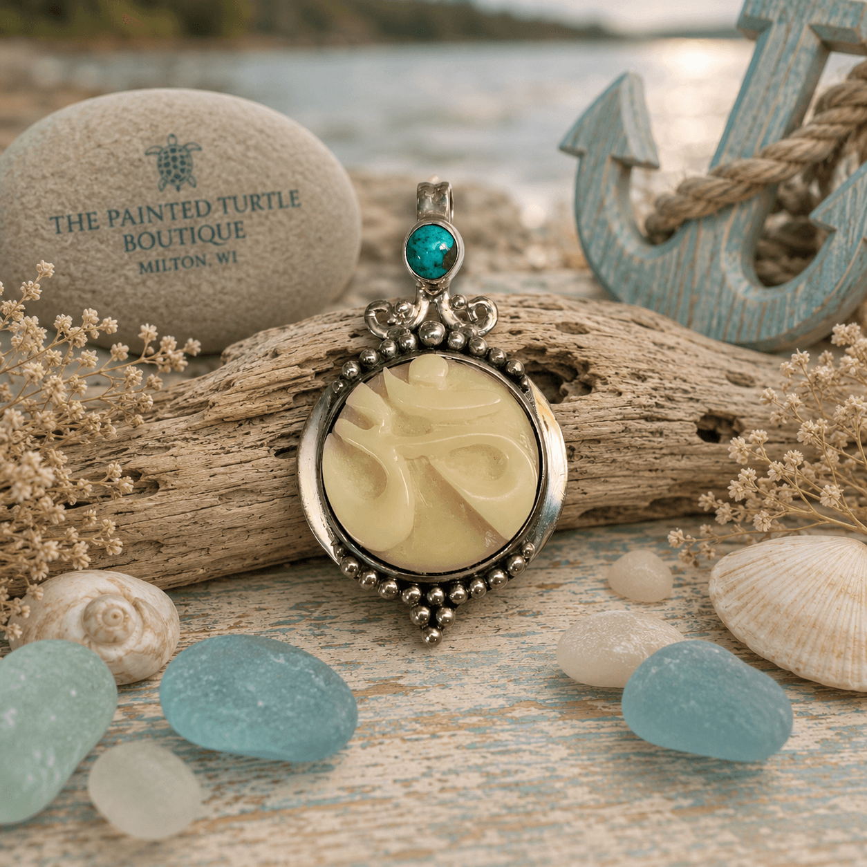 Tagua Nut OM Pendant with Turquoise Cab