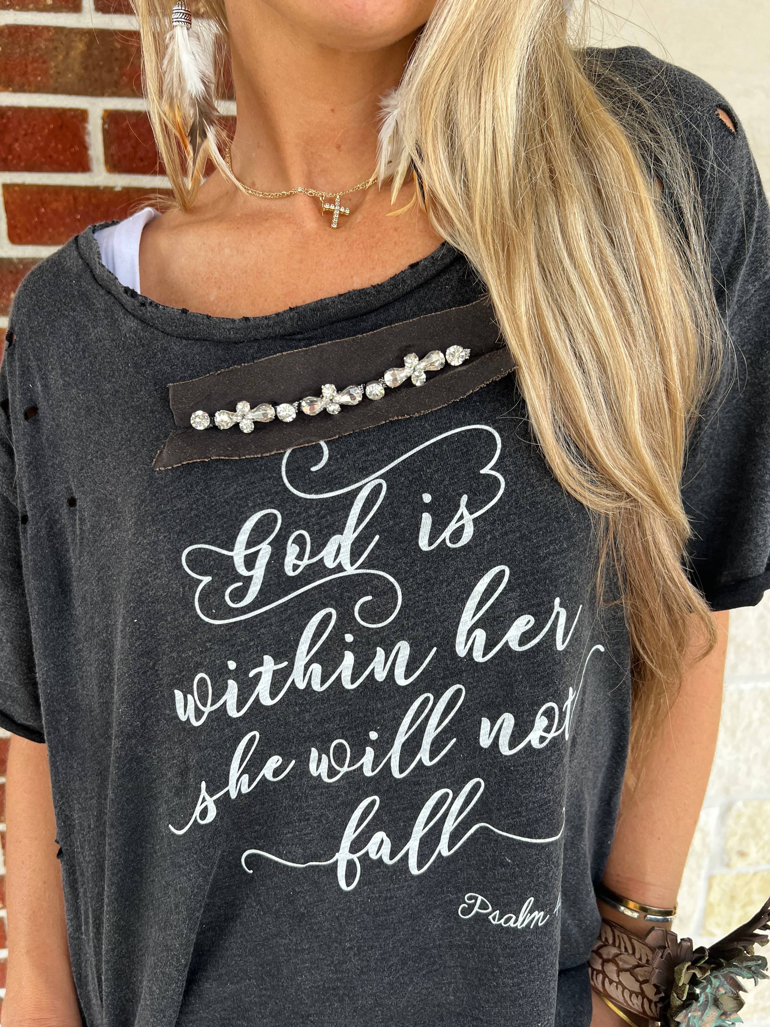 God is within Her Distressed Embellished Shirt - SM/MD