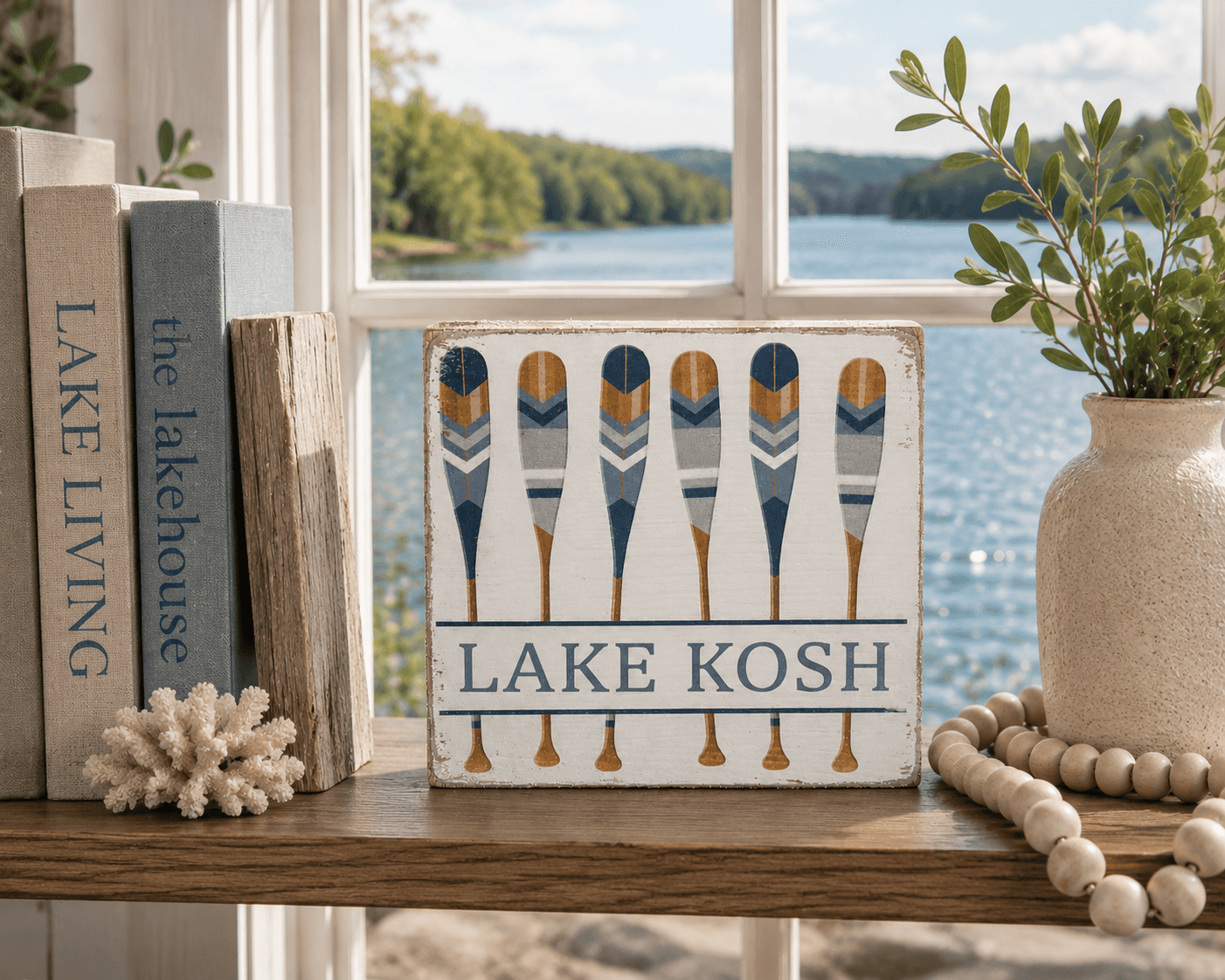 Lake Kosh Table Top/Shelf Sitter Block Sign w/ Oars