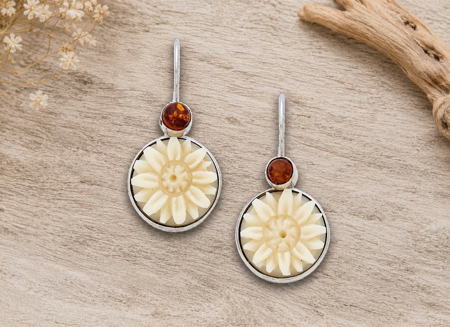 Tagua Nut Sunflower Earrings with Amber Cabs
