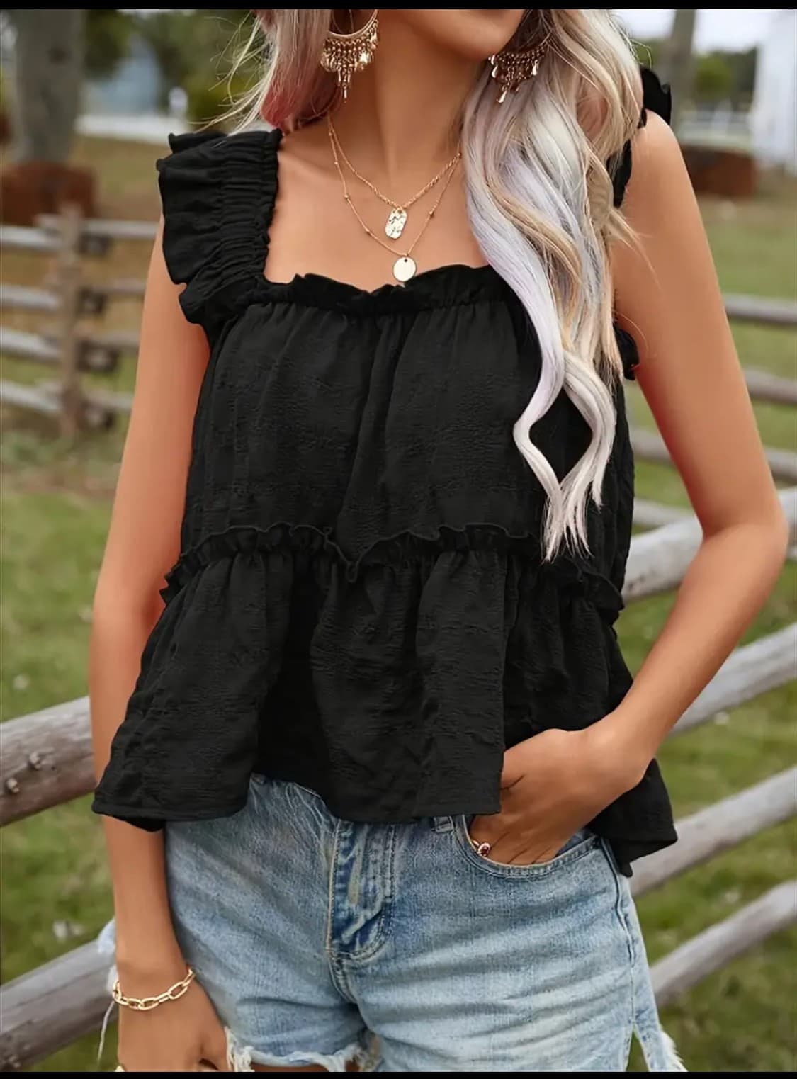 Simply Chic Ruffle Tank Top - Black - XL