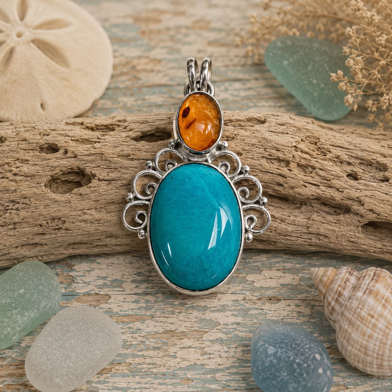 Turquoise with Amber Angel Wings Pendant