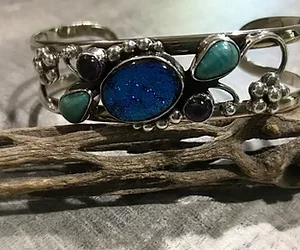 Blue Dichoric Glass w Turquoise & Amethyst Bracelet