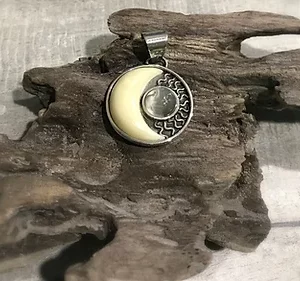 Tagua Nut Carved Crescent Moon W Moonstone Pendant