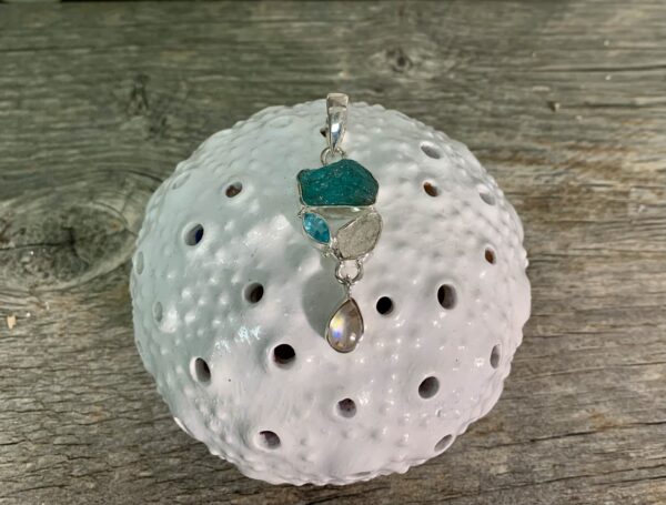 Blue Apatite, Herkimer Diamond, Sparkling Blue Topaz, and Rainbow Moonstone Pendant
