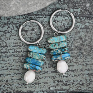 Blue Ocean Jasper with Pearl Drop Hoop Earrings – Serenity, Clarity & Timeless Elegance